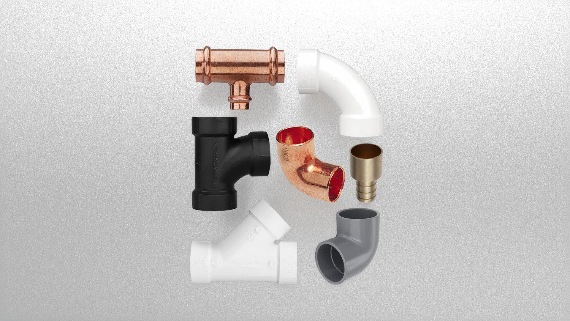 Image collage of pipe fittings includeing PEX, copper and PVC on a textured gray background.
